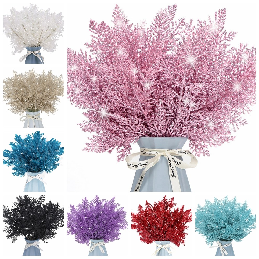 5/10pcs Christmas Tree Picks Gliter 10.24 นิ้ว Glitter ประดิษฐ์สนใบ Cedar Stems Faux Pine เข็ม Greenery Cedar สาขาเครื่องประดับสําหรับบ้าน Garland พวงหรีดฤดูหนาว Decor