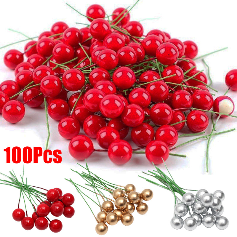 100 ชิ้น คริสต์มาส ตกแต่ง ประดิษฐ์ เบอร์รี่ สีแดง ทอง เชอร์รี่ สเตเมน มินิ เบอรี่ปลอม ดอกไม้ ลูกปัดมุก สําหรับงานฝีมือ DIY คริสต์มาส ปาร์ตี้