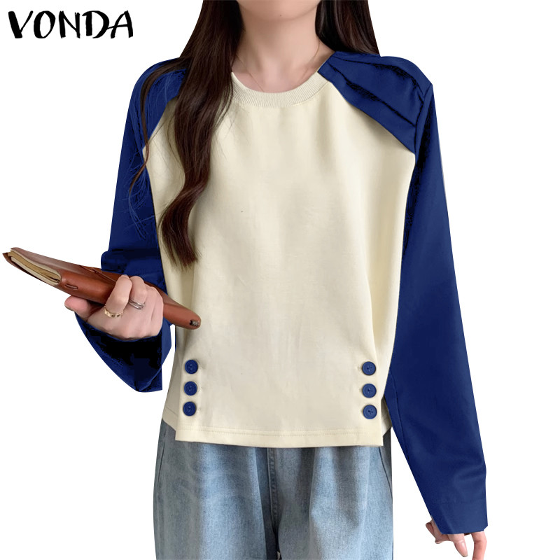 Vonda ผู้หญิงเกาหลีลําลองรอบคอ Patchwork เสื้อแขนยาว Presale