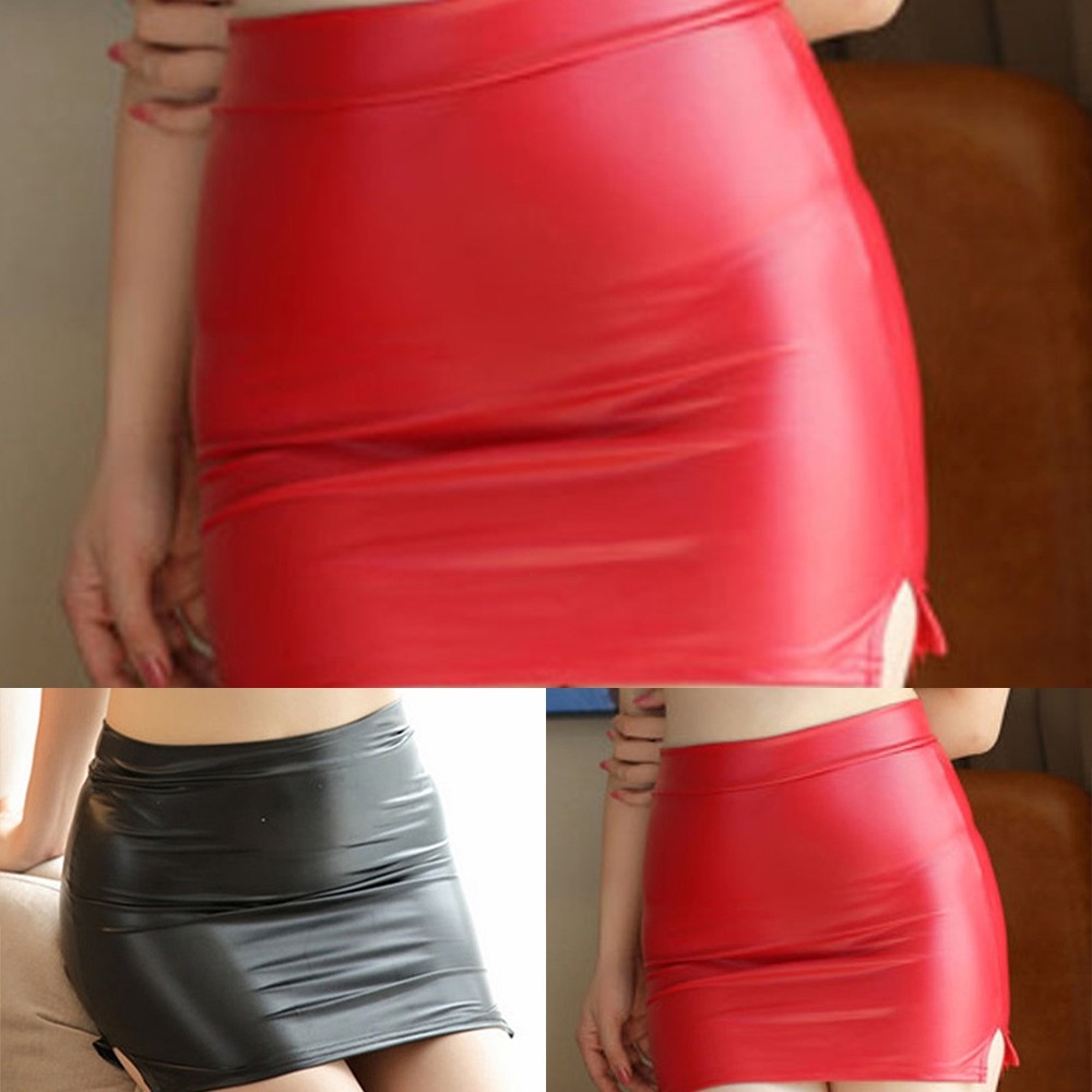 <SWHOME> ผู้หญิงเซ็กซี่ PU หนัง Slit Mini กระโปรงต่ําเอวแน่นยืดดูกระโปรง <OCTOBER>