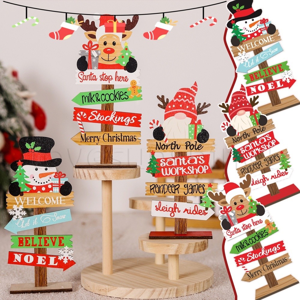 เดสก์ท็อปป้ายไม้คริสต์มาส - ตกแต่งบ้านคริสต์มาส - การ์ตูนทาสี Timber Stand Board - เครื่องประดับตารางประณีต - DIY อุปกรณ์ปาร์ตี้วันหยุด