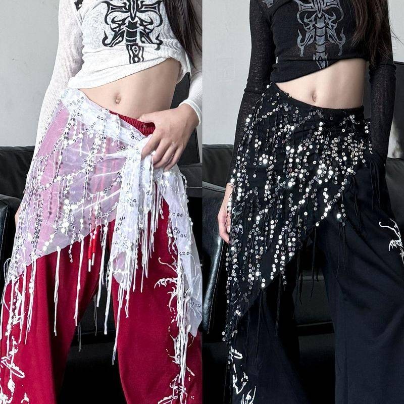 [KeDaYa] พร้อมส่ง ผ้าพันสะโพกเลื่อมระยิบระยับสำหรับเต้นระบำหน้าท้อง เข็มขัดสไตล์อินเดีย ชุดการแสดงแจ๊ส ชุดเวทีสำหรับเด็กผู้หญิง Y2K OOTD