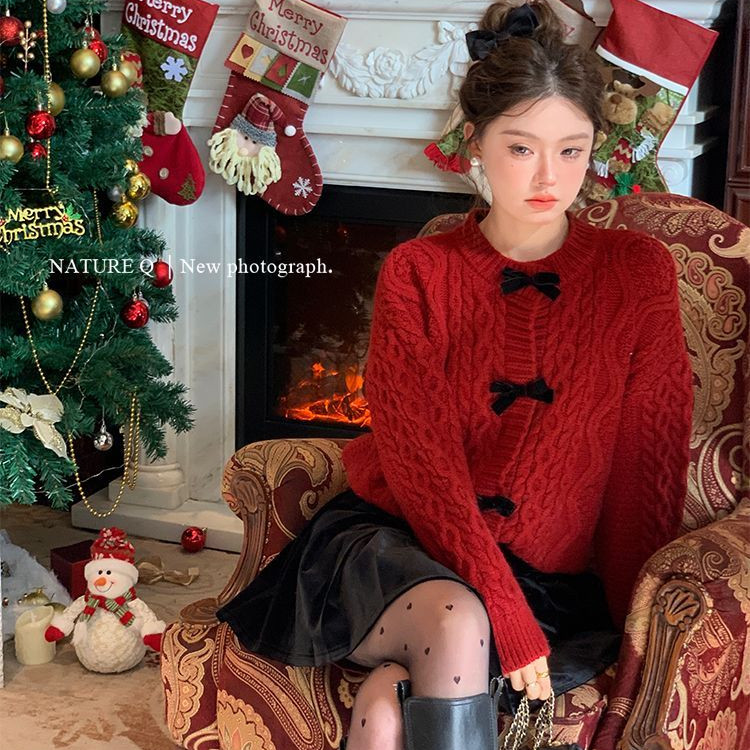 Veewink พร้อมส่งจากกรุงเทพฯ เสื้อสเวตเตอร์คริสต์มาส เสื้อสเวตเตอร์แขนยาว ลายทางสำหรับผู้หญิง สไตล์ฝรั่งเศสผูกโบว์ - รูปที่ 6