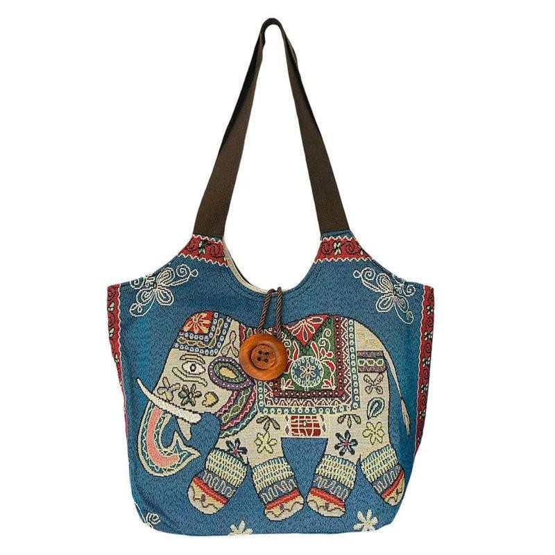 【พร้อมส่ง】miss bag fashion  กระเป๋าสะพายใบใหญ่งานปักสไตล์ไทยแบบประณีต ผ้าใบทอลายทนทาน อเนกประสงค์สำหรับเดินทาง