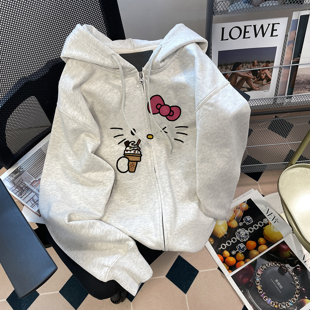 อเมริกันย้อนยุคการ์ตูนพิมพ์ผู้หญิงฤดูหนาวใหม่สไตล์หวาน HelloKitty ซิปแจ็คเก็ตคลุมด้วยผ้าแขนยาว