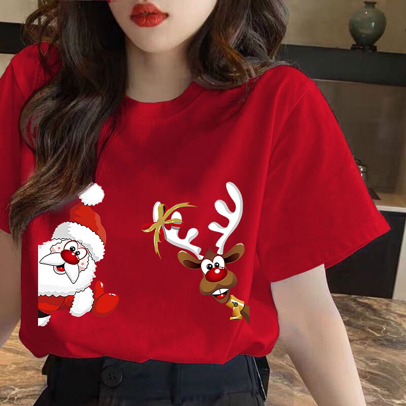 เสื้อคริสต์มาสผู้หญิงเสื้อผ้าแฟชั่นใหม่ซานตาคลอสคริสต์มาสกวางพิมพ์2567