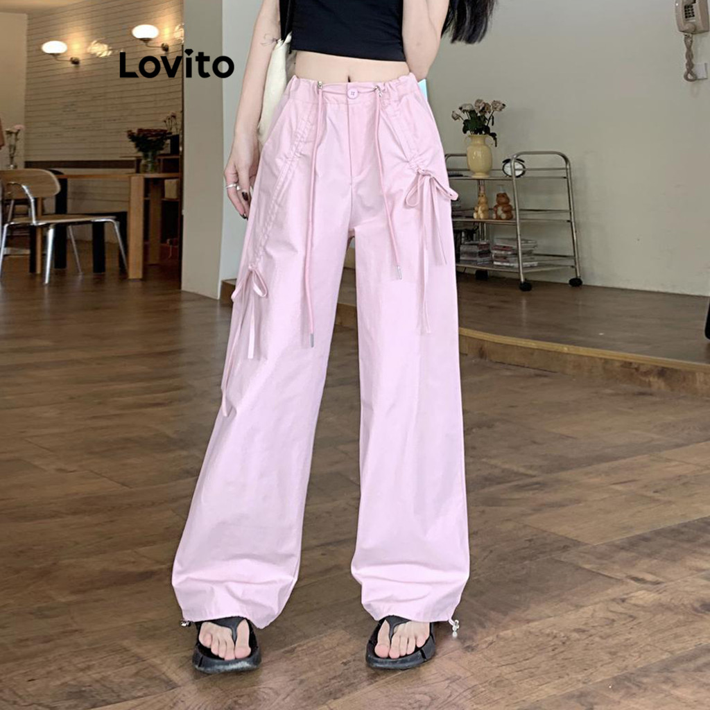 Lovito กางเกงผู้หญิง แบบเชือกรูด มีกระเป๋า สีพื้น สไตล์ลำลอง LNA60105