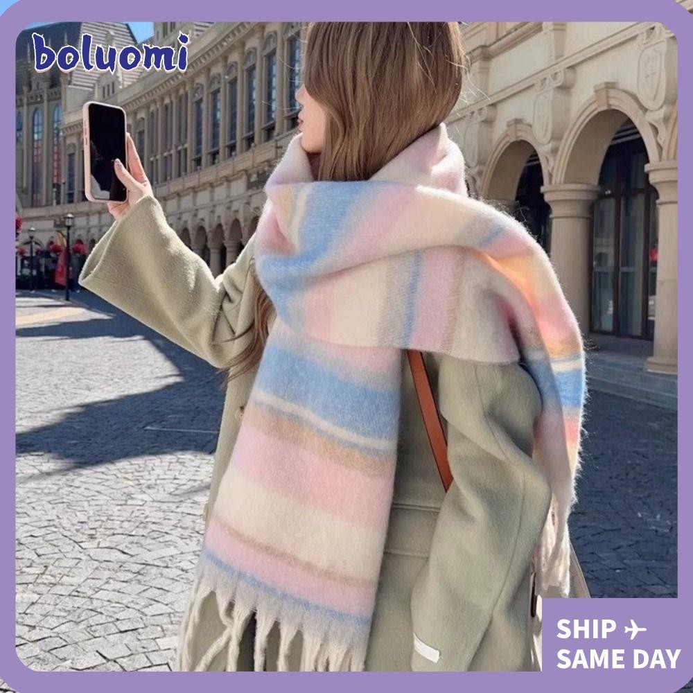 โบลูมิ ผ้าพันคอลายทางสีสันสดใส, ผ้าพันคอแคชเมียร์เลียนแบบฤดูหนาวอเนกประสงค์, แฟชั่นผู้หญิงระดับไฮเอนด์ ข้น ผ้าคลุมไหล่อุ่น