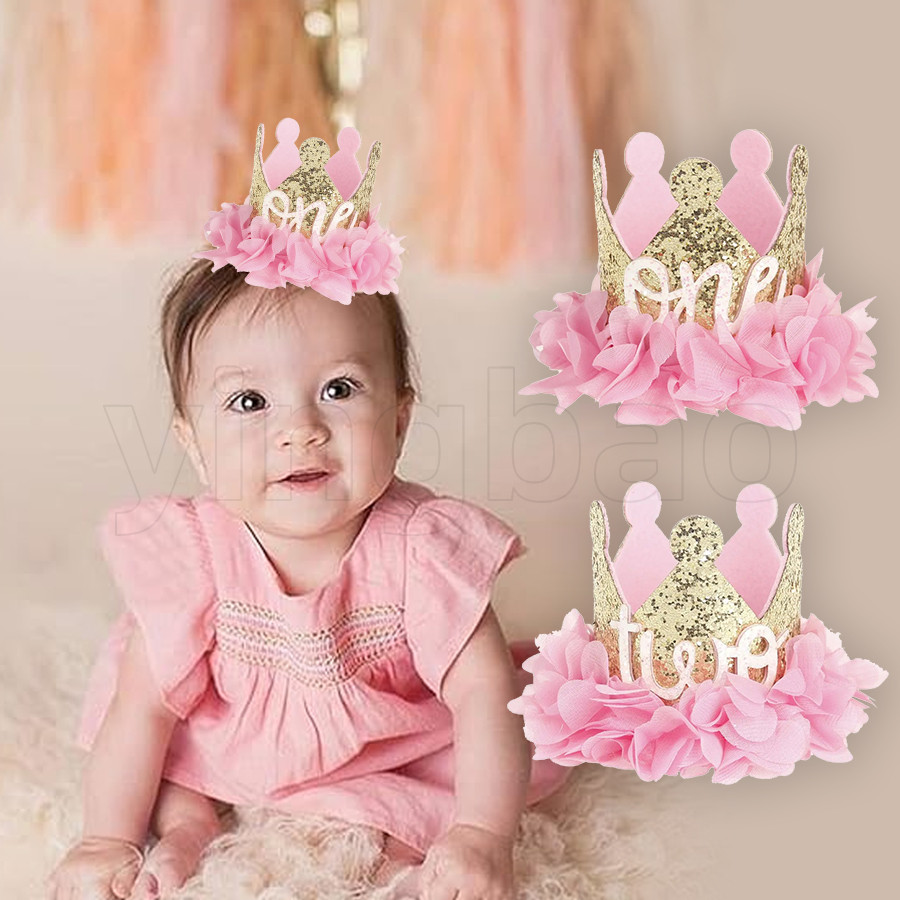 1st Birthday Party Decor หมวกเด็ก 1 2 3 ปี Happy Birthday เด็กผู้หญิง First Birthday Party Baby Shower Decor สีชมพูเด็กมงกุฎหมวก