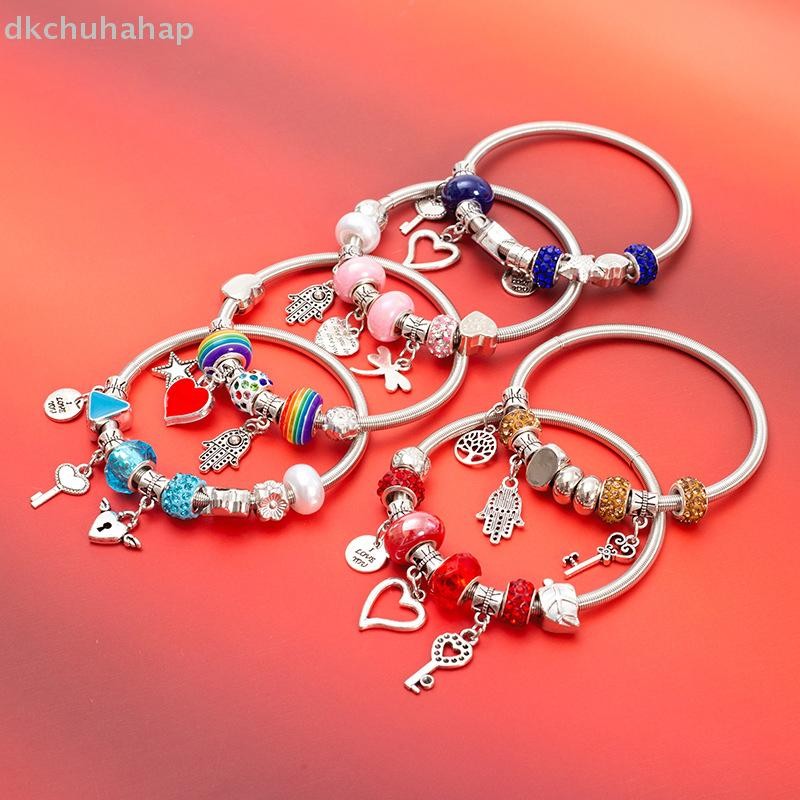 [DKC] แฟชั่น Simple Pandora Glazed อัญมณีลูกปัด Key Lock Love แขวนสร้อยข้อมือ Vintage กําไลข้อมือสําหรับผู้หญิงเครื่องประดับของขวัญ combedha