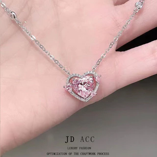 สร้อยคอจี้รูปหัวใจสุดเก๋ พร้อมด้วยโซ่กระดูก สร้อยเพชรสีชมพู น่ารัก เครื่องประดับแฟชั่น พร้อมส่ง