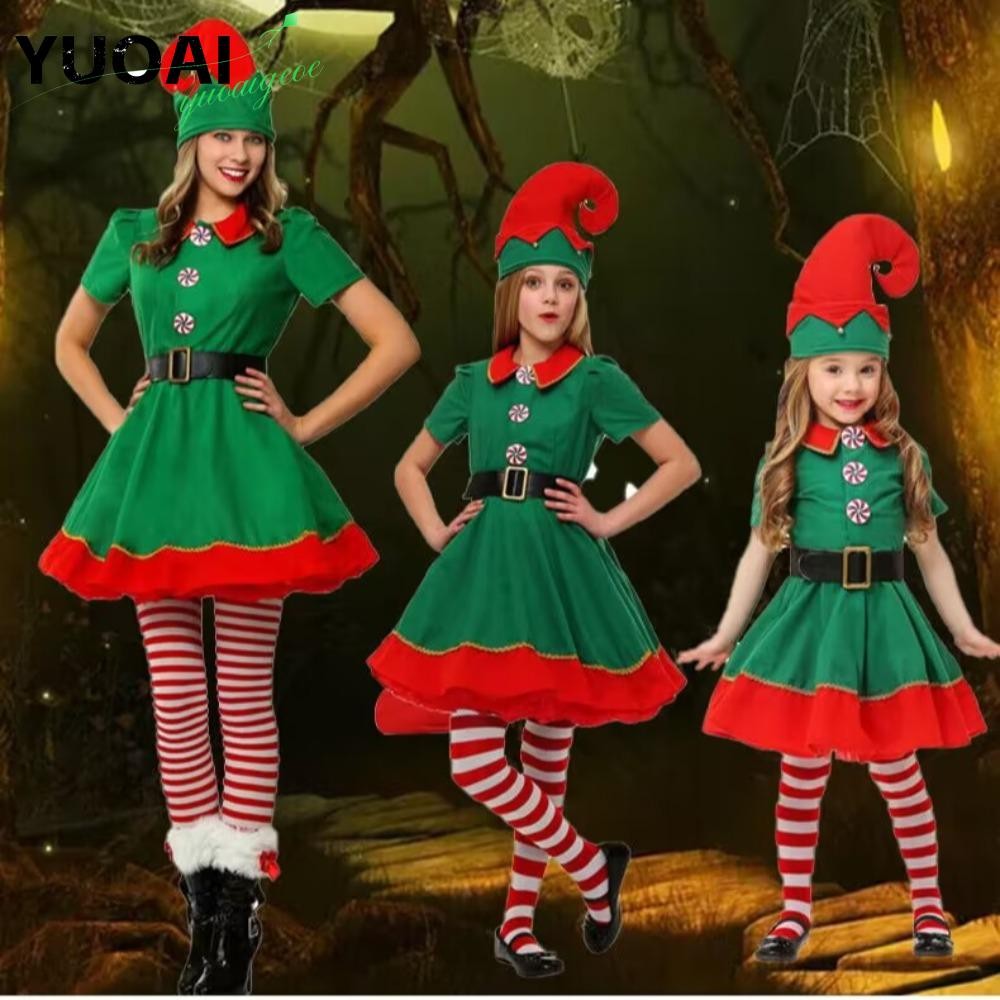 ยูโออิ คริสต์มาสเอลฟ์เครื่องแต่งกาย,สีเขียวเด็กผู้ใหญ่ครอบครัวจับคู่ชุด,ปี2024สาวชุดแฟนซีพ่อแม่และลูกคอสเพลย์เสื้อผ้