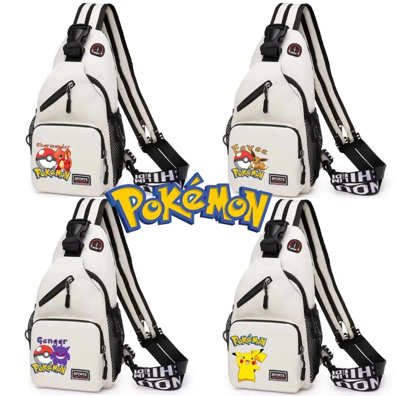 Pokemon series กระเป๋าสะพายแฟชั่นกันน้ําความจุขนาดใหญ่กระเป๋าเป้สะพายหลังผ้า Oxford กระเป๋าสะพายข้างสวมใส่ทุกวัน