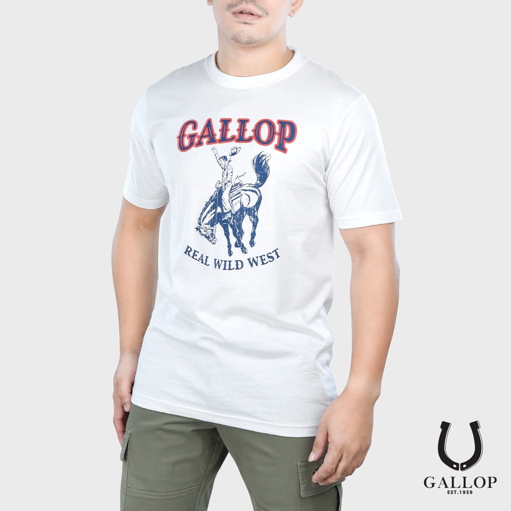hot GALLOP : เสื้อยืดผ้าคอตตอนพิมพ์ลาย Graphic Tee รุ่น GT9086 สีขาว