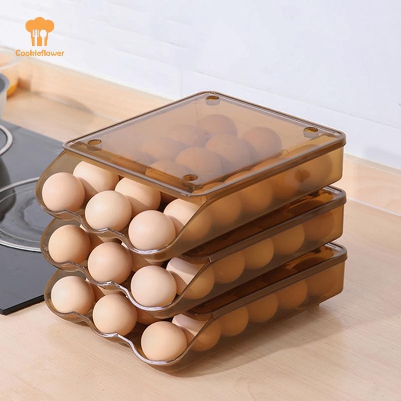 Ckfr 1 ชิ้นอัตโนมัติ Rolling ชั้นวางไข่ตู้เย็นกล่องเก็บไข่พร้อมฝาปิด Stackable กล่องไข่ห้องครัวตู้ใหม่