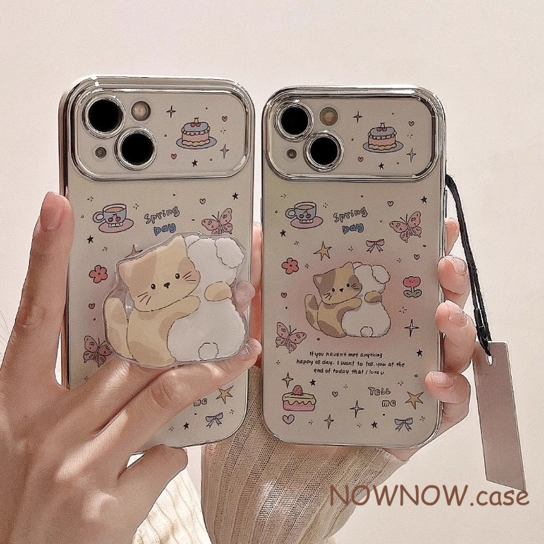 Iphone 16 15 14 13 12 11 Pro Max X XR XS Max 7 8 Plus INS สีชมพูแมวน่ารักสุนัขเพื่อนที่ดีและเดสก์ท็อปขาตั้งเคสโทรศัพท์ปกอ่อน