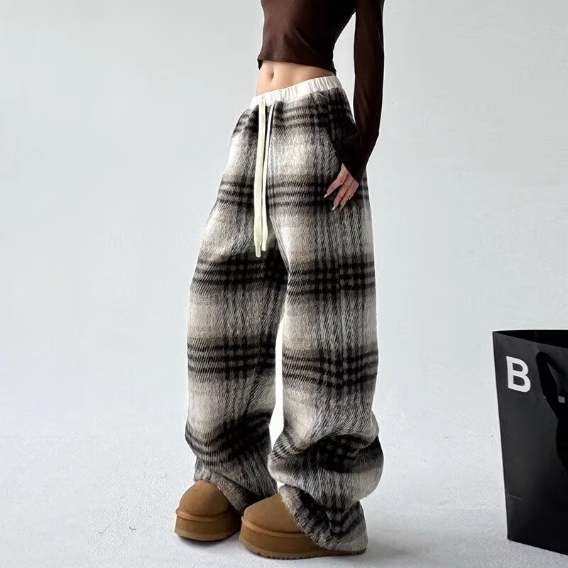 กางเกงขากว้างลายสก๊อตฤดูหนาว, กางเกงลําลองทรงสลิมขาตรงทรงหลวม Slouchy Draped ใหม่