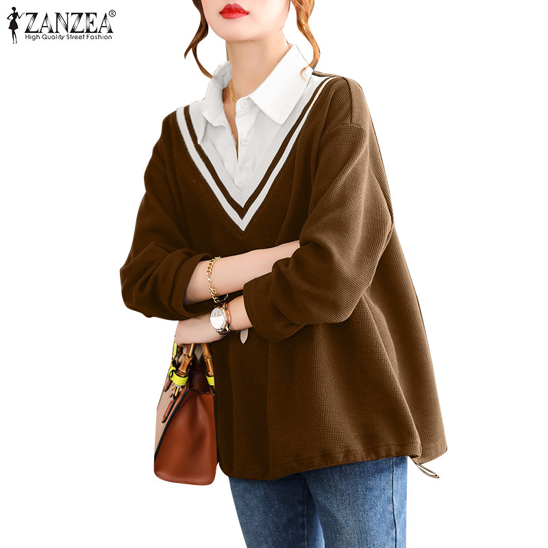 Zanzea ผู้หญิงเกาหลีปกแขนยาววาฟเฟิลปลอมสองชิ้น Patchwork เสื้อสวมหัวเสื้อ