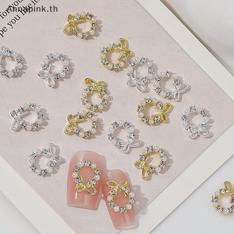 Annapink.th 5 ชิ้น Garland Bowknot Pearl Zircon เล็บ Ch Rhinestone คริสต์มาสออกแบบคริสตัลเครื่องประดับตกแต่งเล็บ EN