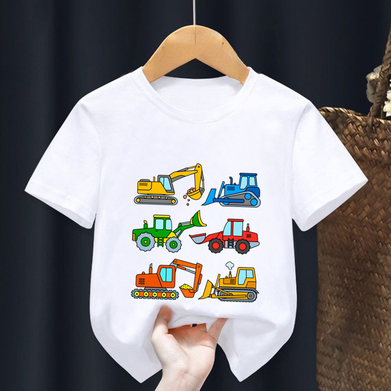 แฟชั่นรถแทรกเตอร์รถพิมพ์การ์ตูนเด็กทีเสื้อรถขุดยูทิลิตี้รถฤดูร้อนชายหญิงเสื้อผ้าเด็กเสื้อยืดท็อปส์