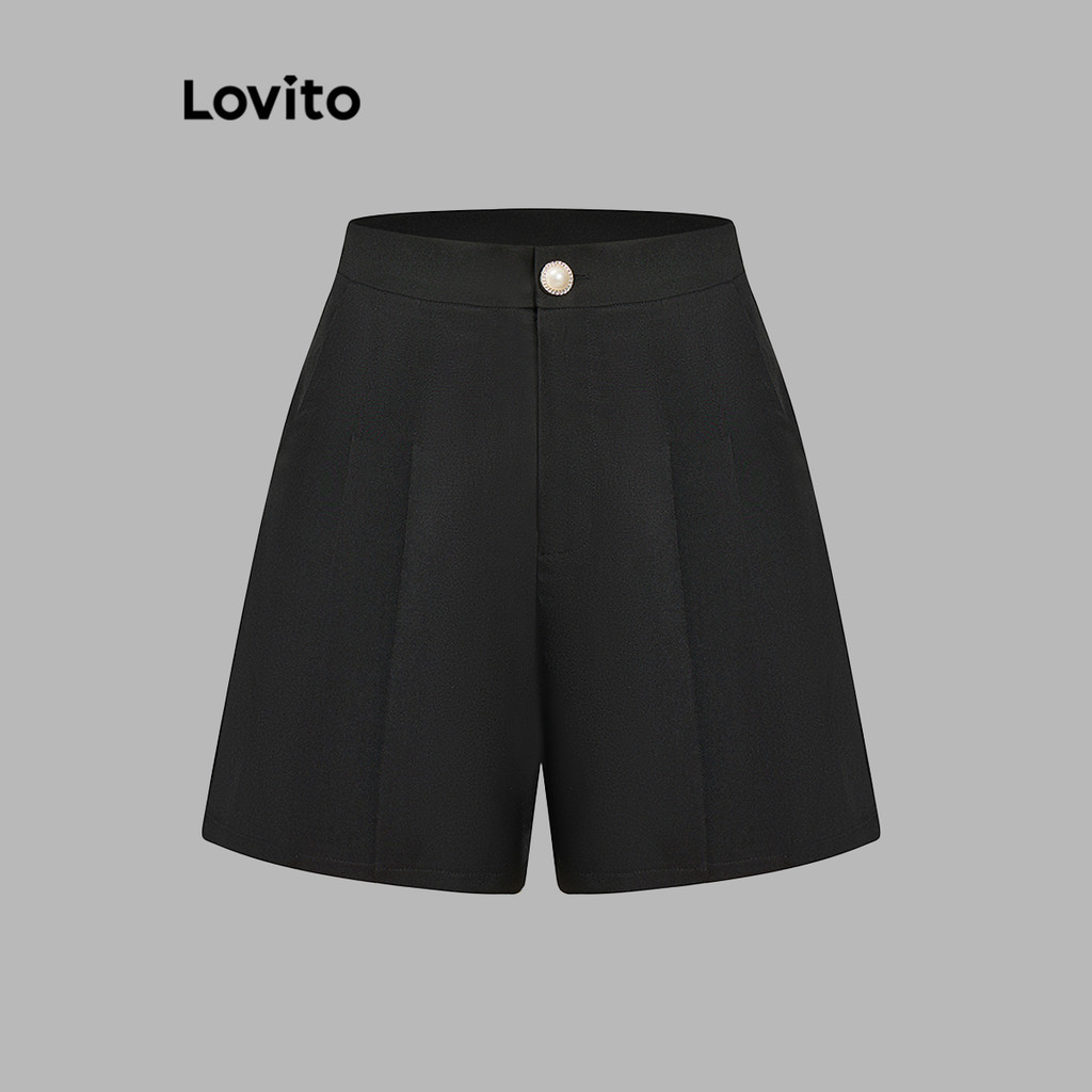 Lovito กางเกงขาสั้นผู้หญิง มีกระดุม แต่งจีบ สีพื้น สไตล์ลำลอง L89ED024