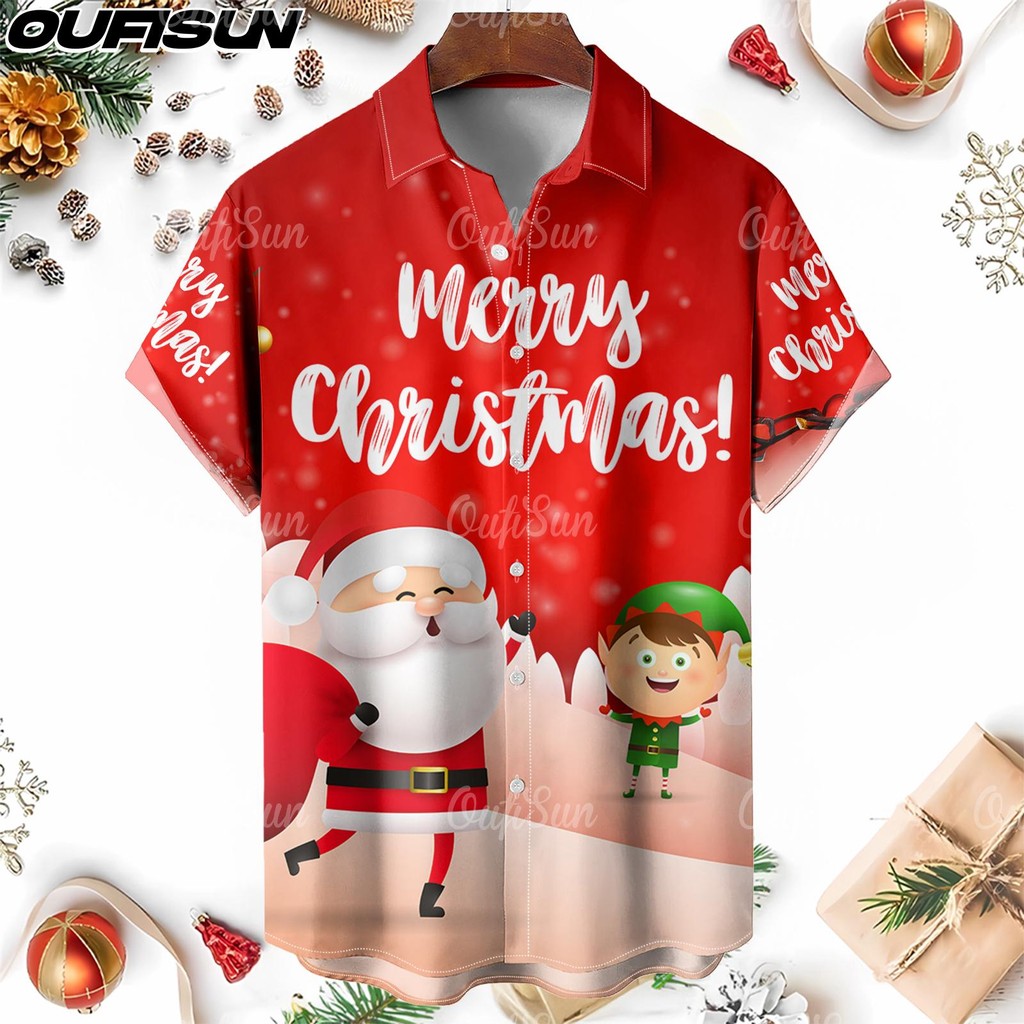 2024 คริสต์มาสปีใหม่ครอบครัวปาร์ตี้เสื้อเชิ้ตผู้ชายเสื้อลําลองแห้งเร็วระบายอากาศเสื้อท็อปส์