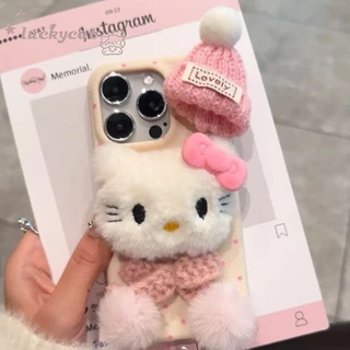 IPhone 16 15 14 13 12 11 Pro Max X Xr Xs Max 7 8 Plus SE2020 เคสโทรศัพท์น่ารัก 3D DIY หมวกตุ๊กตาผ้าพันคอแมวนุ่ม + Lanyard ฝาหลัง