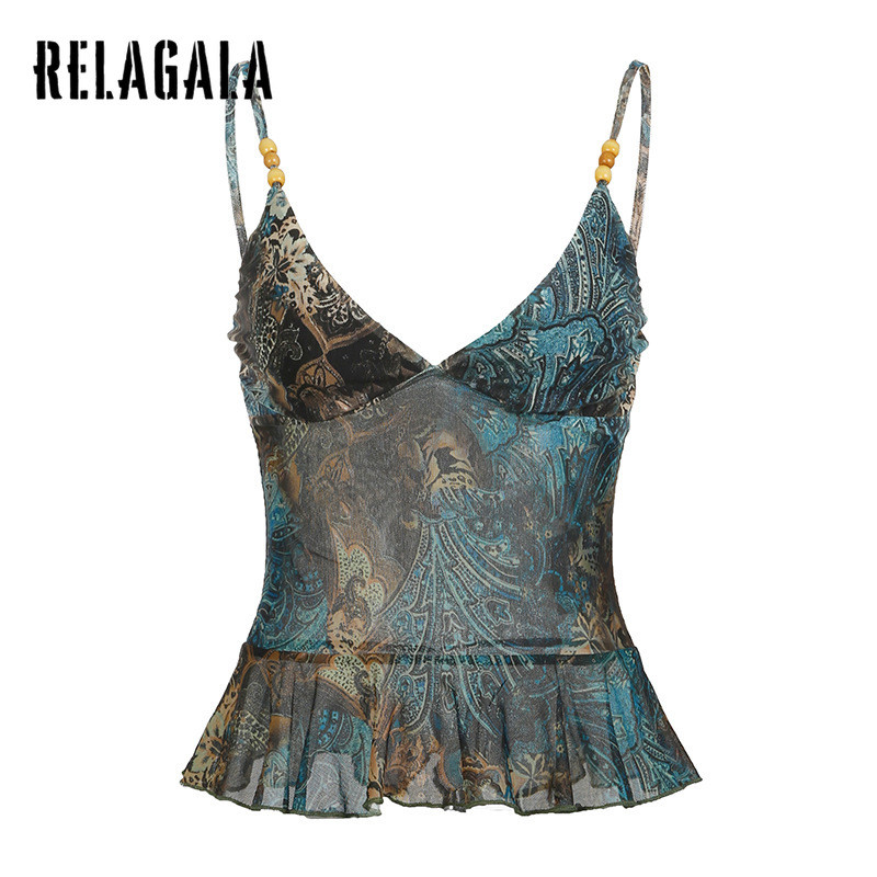 RELAGALA ผู้หญิง 2025 ใหม่ Retro พิมพ์ Slim Fit แฟชั่น V คอตาข่ายเซ็กซี่ Camisole