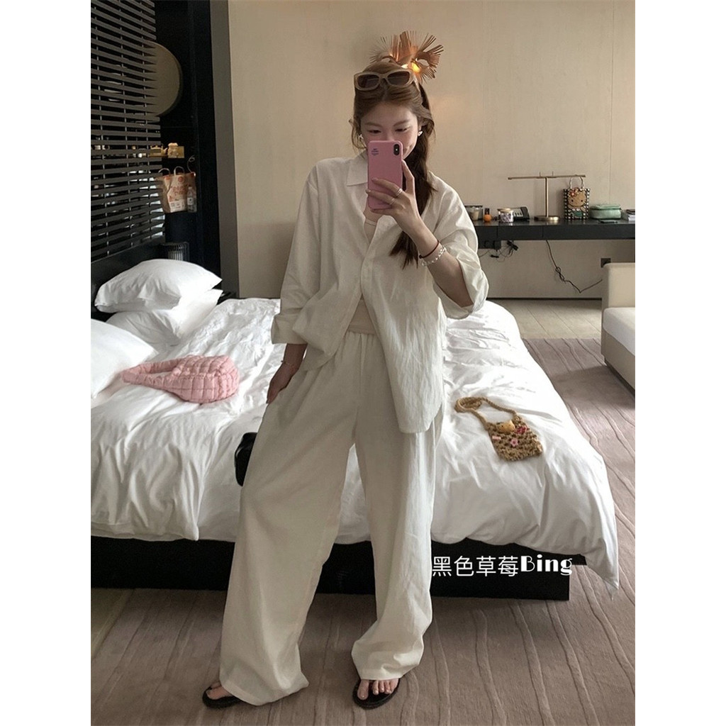 ชุด Old Money เสื้อเชิ้ต กางเกงขากว้าง กางเกงผู้หญิง สไตล์ขี้จ แสงแดด สไตล์หลวมสบาย ชุดสูทผ้าลินิน G