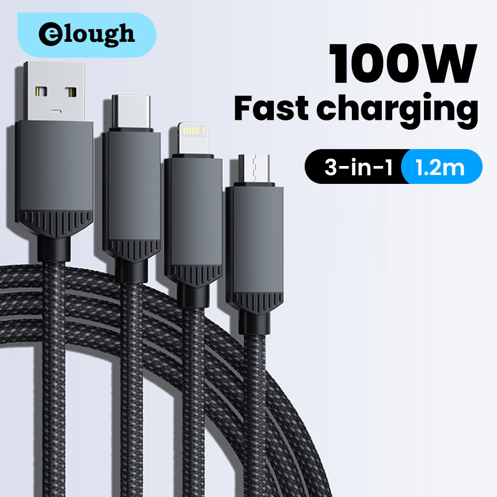 Elough 100W 3-in-1 สาย USB Micro USB Type C สําหรับ lPhone 16 15 Samsung สายชาร์จหลายตัว
