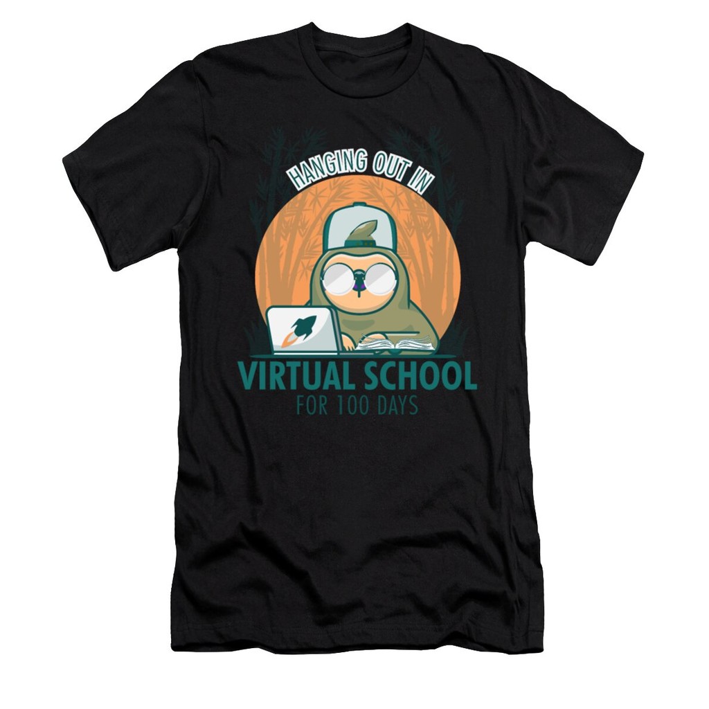 เสื้อยืด Vintage 100 Days of School Sloth Hanging Out In Virtual T-Shirt แท้ Cotton 100% y2k แขนสั้น