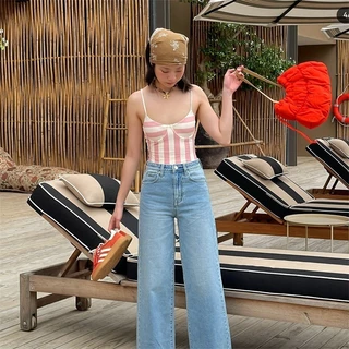 COD👙ชุดว่ายน้ำ Retro Stripe One Piece สำหรับสตรี ดีไซน์เกาหลีเซ็กซี่ สีชมพู ขนาด M-XL สวมใส่สบาย