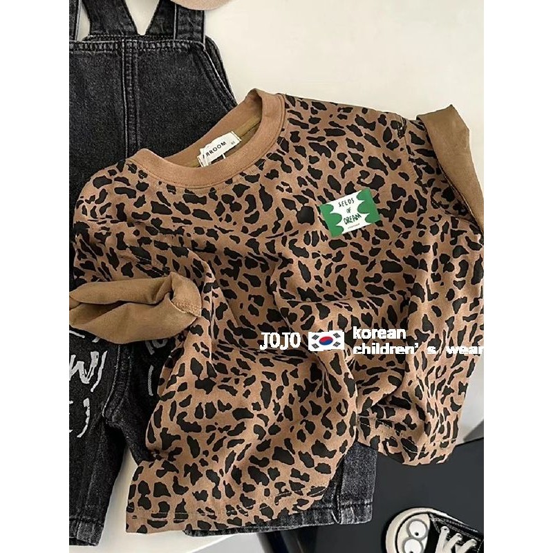 เสื้อผ้าเด็กเกาหลีชายหญิงเสือดาวพิมพ์เสื้อยืดแขนสั้น ฤดูร้อนใหม่เด็กเสื้อลําลองเด็ก