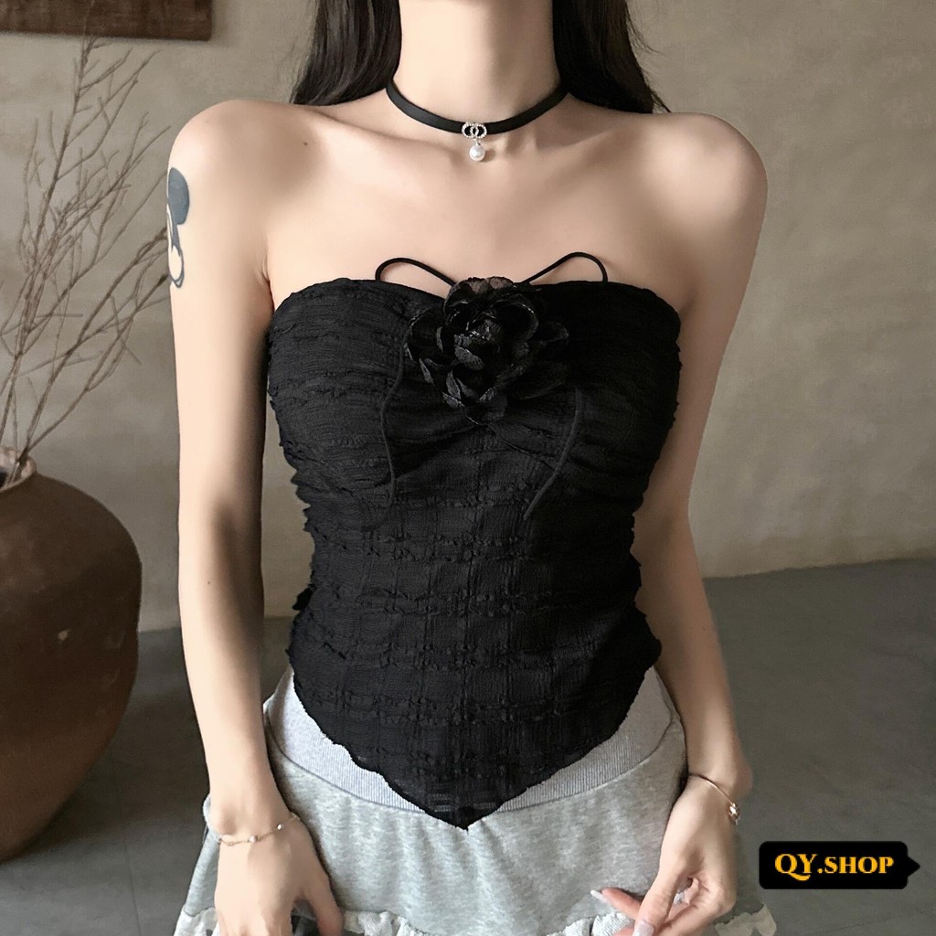 QY.Shop⭐️สินค้าราคาพิเศษ⭐️​พร้อมส่ง เสื้อเกาะอกผูกคล้อง ผ่าไหมพรม  แถมเข็มกัดดอกไม้มี 3สี  