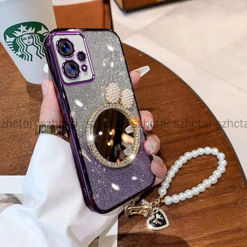 ปลอกRealme 9 Pro Realme 9 4G Realme 9 Pro Plusหรูหราเครื่องสําอางกระจกแต่งหน้าเคสอ่อนพร้อมเชือกเส้นเล็กฝาครอบโทรศัพท์กันกระแทกสําหรับสาว