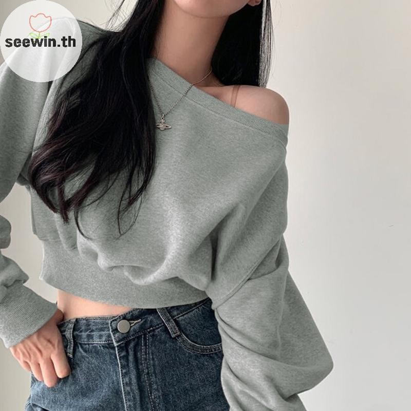 Seewin เกาหลี Streetwear Off-ไหล่แขนยาวหลวม Casual Cropped เสื้อกันหนาวสําหรับผู้หญิง th