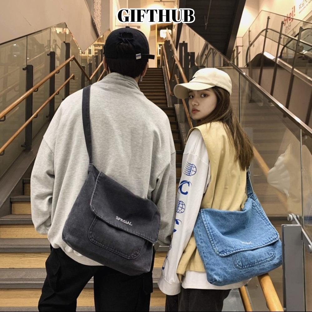 GIFTHUB ของขวัญฮับ กระเป๋าสะพายไหล่, กระเป๋าสะพายข้างสีทึบ, แฟชั่นสายรัดปรับได้ความจุขนาดใหญ่กระเป๋าผ้ายีนส์ผู้ชาย