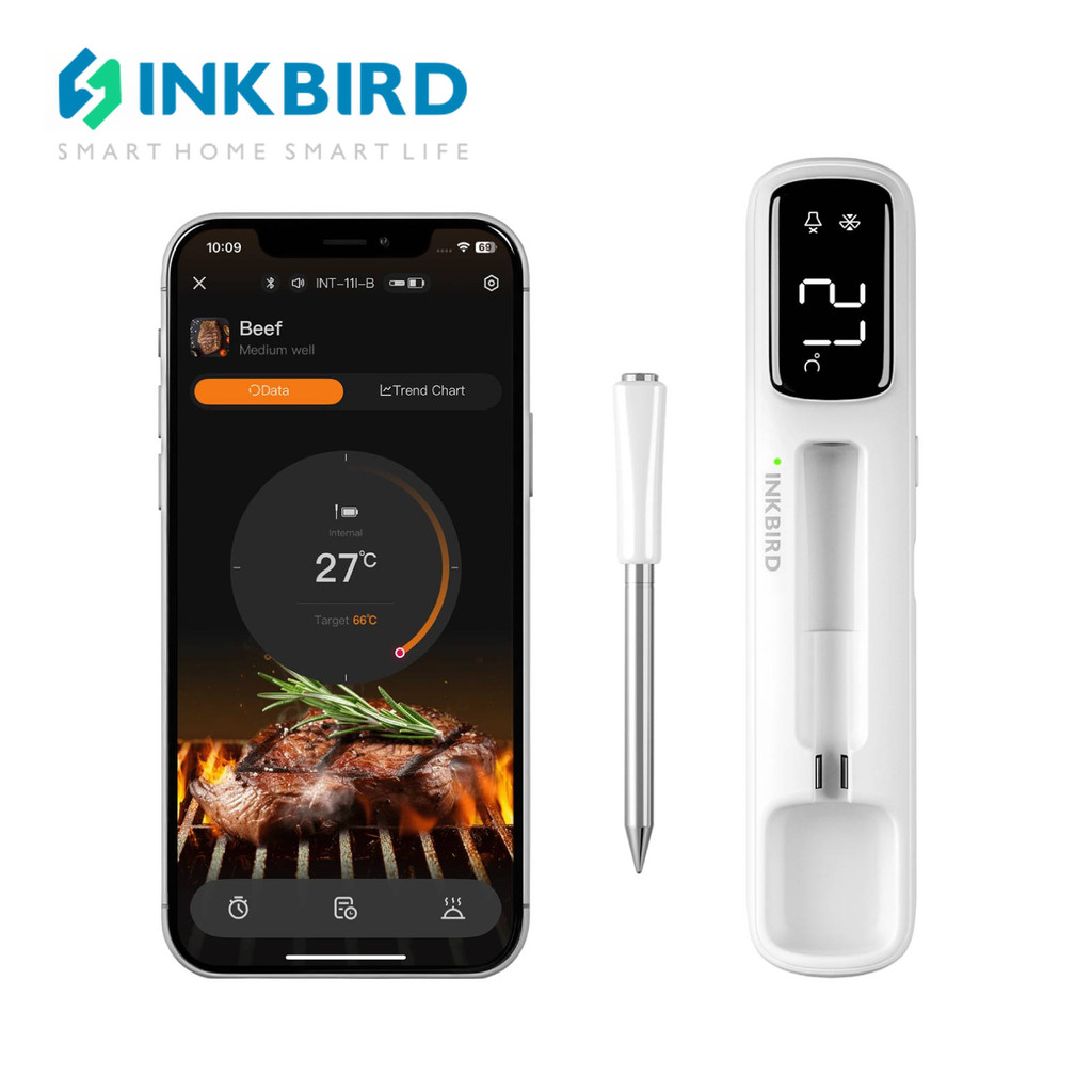 INKBIRD INT-11I-B Mini ไร้สายเครื่องวัดอุณหภูมิอาหาร LED บลูทูธ IP67 กันน้ําสําหรับย่างบาร์บีคิวเตาอบ Smoker APP ควบคุม