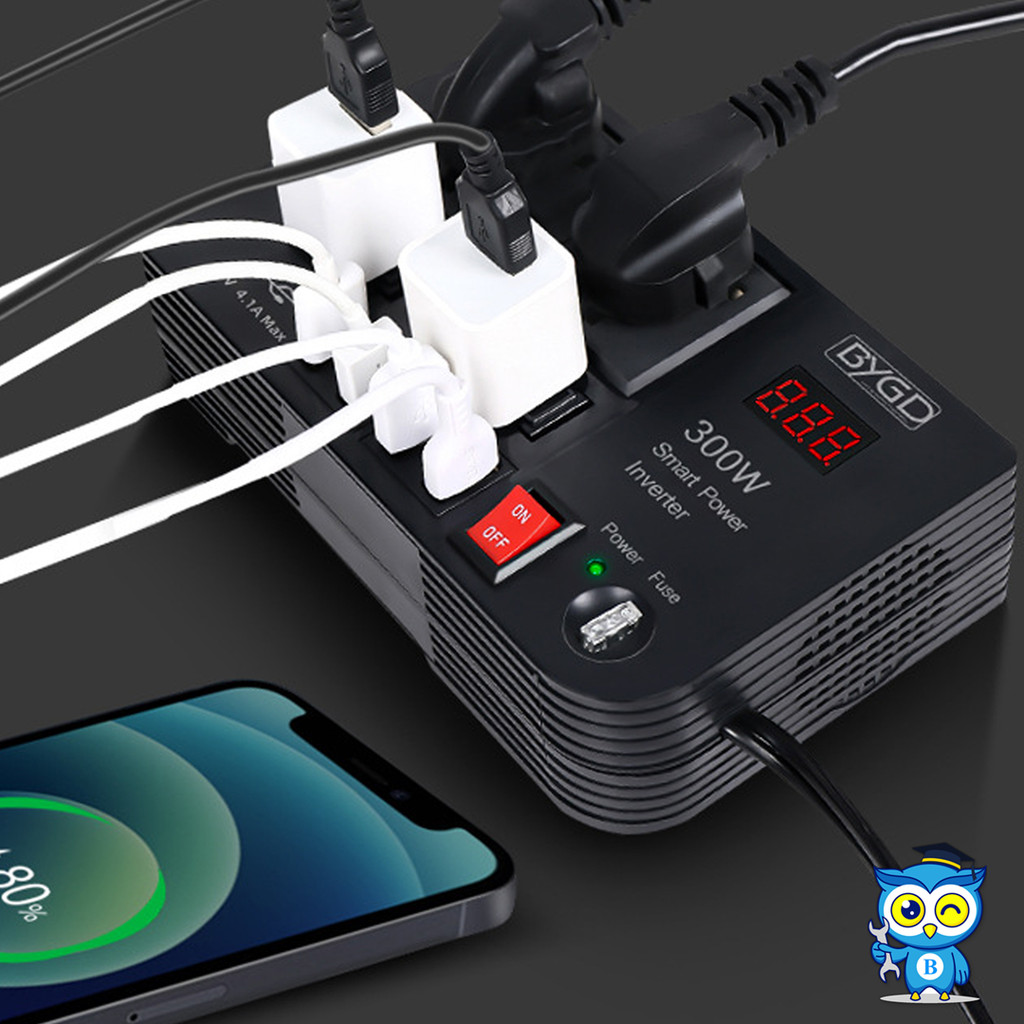 300W ปลั๊กจุดบุหรี่  อินเวอร์เตอร์ แปลงไฟ220V Smart Power Inverter DC 12V to AC 220V 50Hz w/4 USB 5v4.1a Ports 4 AC