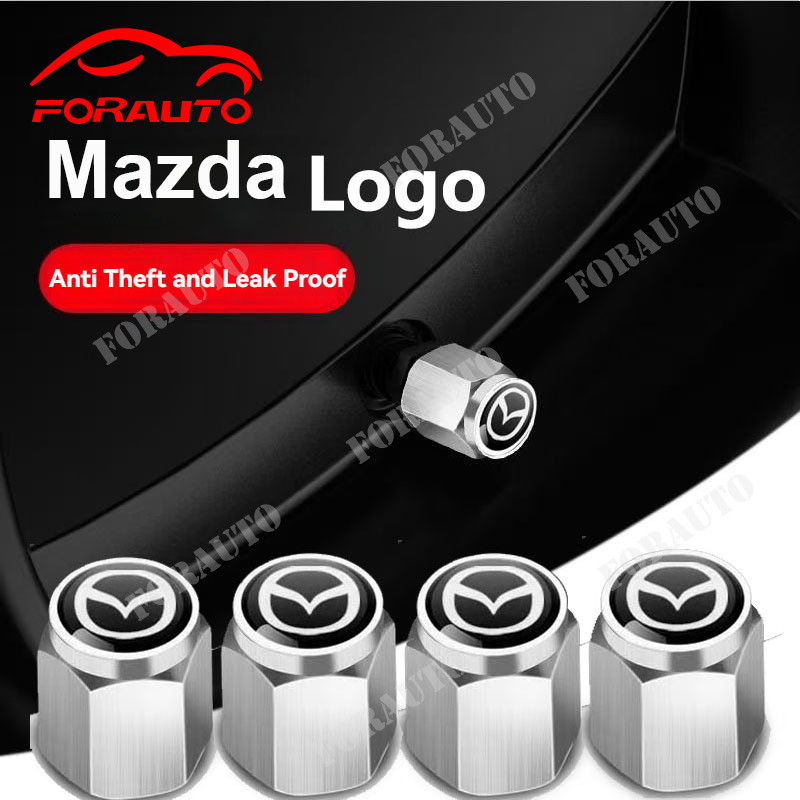 จุกลมยางรถยนต์ พร้อมโลโก้  จุกปิดลมยาง ฝาปิดจุกลม ยางรถยนต์ Mazda/มาสด้า สีขาว/สีดำ 1 ชุด (4 อัน) - Car Tire Valve Caps