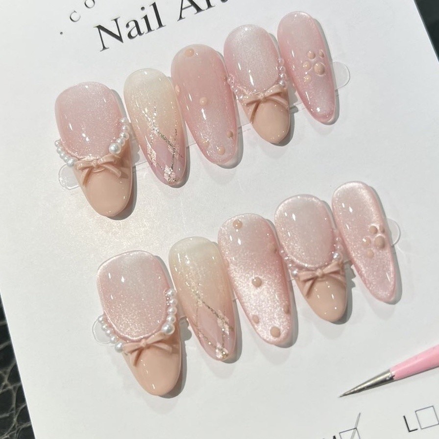 HANDMADEPress On Nails Set เล็บปลอมแบบใช้ซ้ําได้ เล็บสีชมพู เล็บปลอม Shinning ปลอม สติ๊กเกอร์ติด ฟรีกาวเยลลี่รวมเล็บเจลสําเร็จรูปแท้ 100%