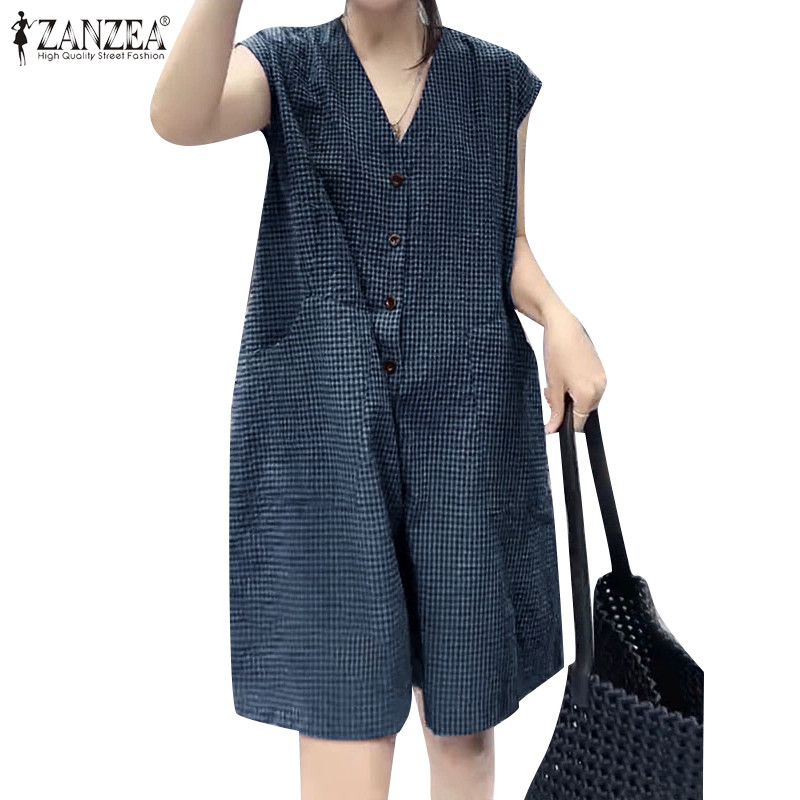 ZANZEA ผู้หญิงเกาหลี Retro Casual V คอ Raglan แขน Checkered ขากว้าง Jumpsuits – โปรปัง