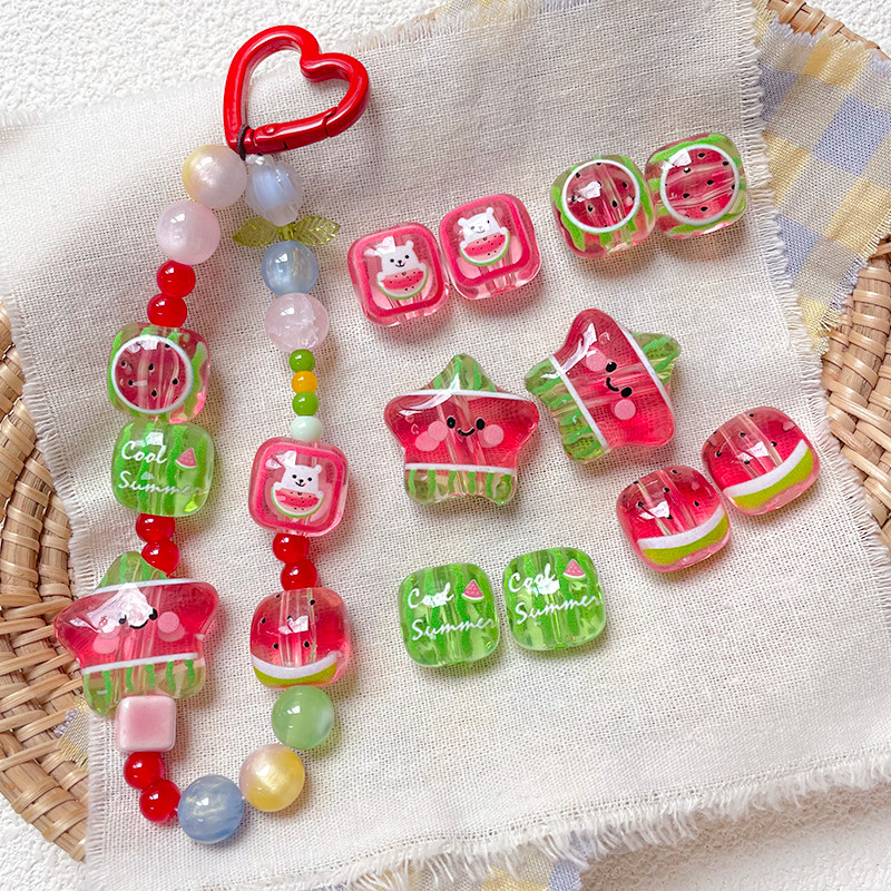 สร้อยข้อมือแฮนด์เมดแบบสแควร์ ออกแบบเหมือนแตงโมฤดูร้อน พิมพ์สองด้าน สวยงามและสวมใส่ง่าย