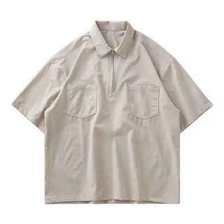 BECOOLMAN-สีล้วน ชุดทำงาน ซิป ผ้าไหมน้ำแข็ง แขนสั้น ชาย แบบหลวม ลำลอง แห้งเร็ว POLOเสื้อ
