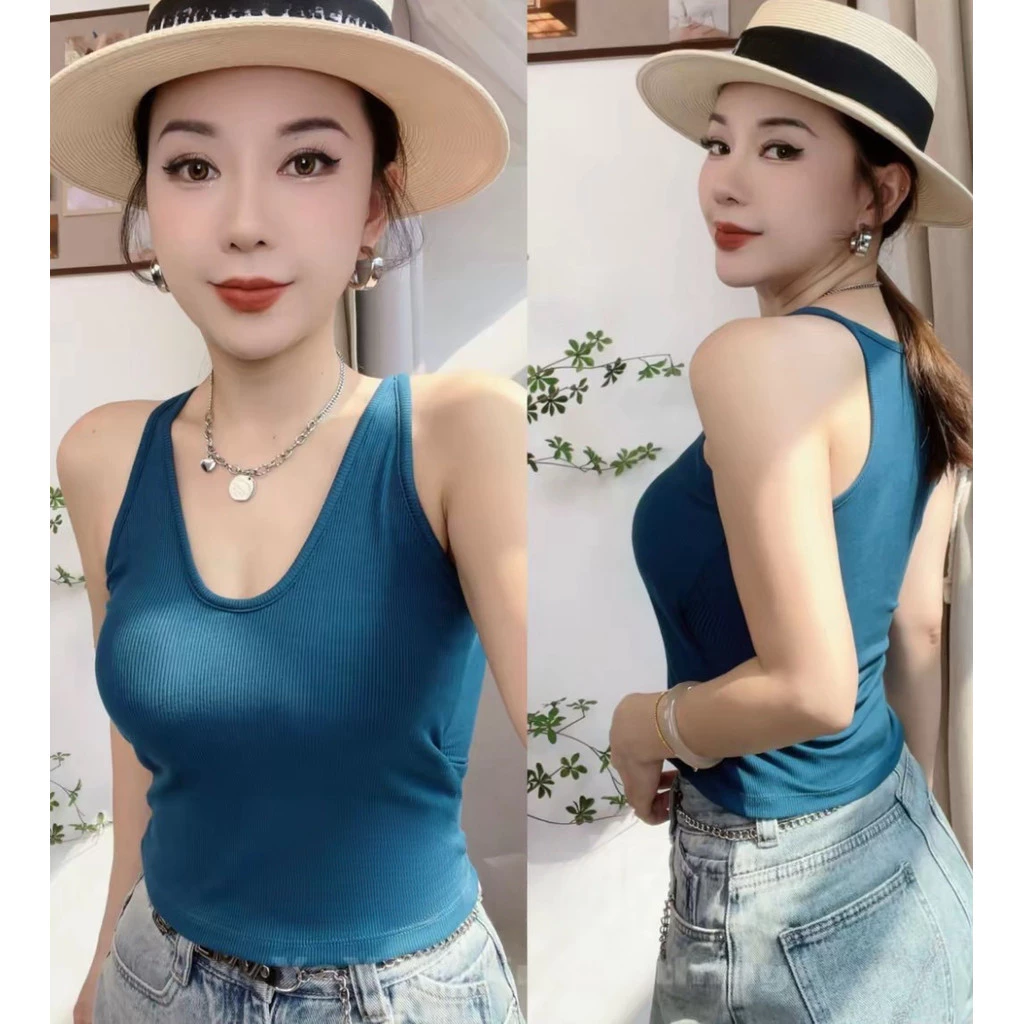 🍓Alva🍓 เสื้อกล้ามสายเดี่ยว แขนกุด สีพื้น ผ้ายืด มีฟองน้ำเย็บติดในตัว แฟชั่นใส่สบาย ระบายอากาศ ดีไซน์สวย #J558