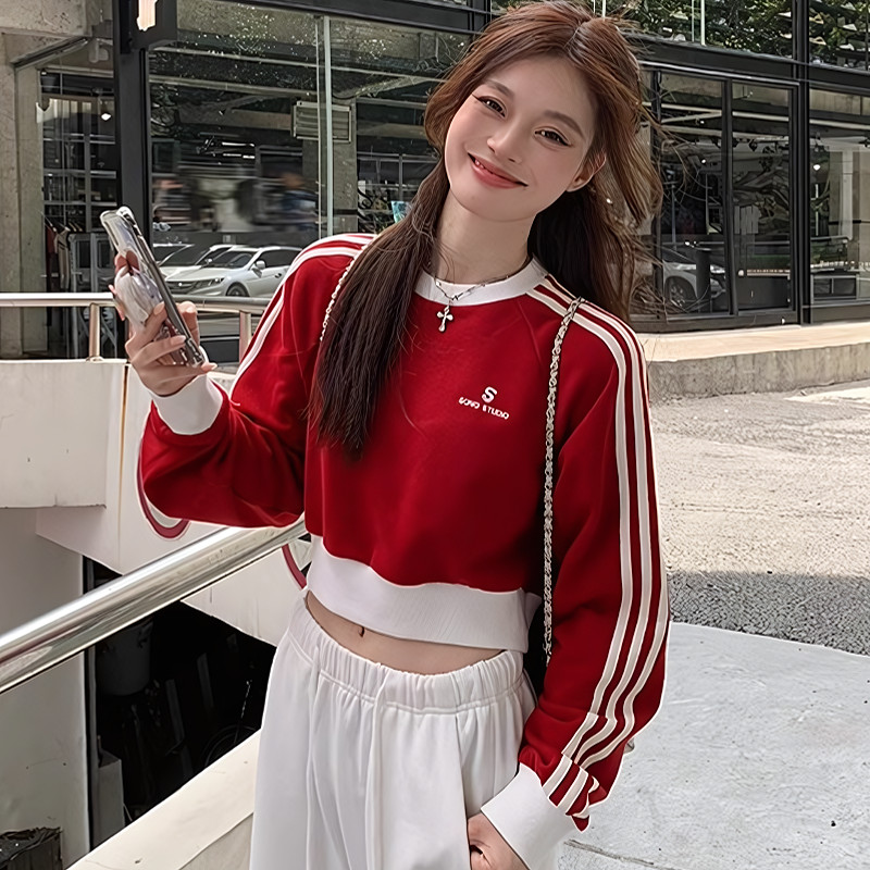 Suysuy พร้อมส่ง เสื้อครอป แขนยาว คอกลม แต่งปักตัวอักษร แนววัยรุ่นน่ารัก ทรงเอวลอย ผ้าคอตตอน หนานุ่ม แฟชั่นยอดฮิต