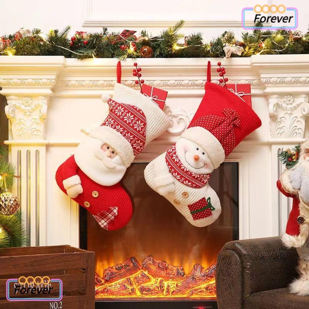 Forever Christmas Stocking, ถุงเท้าตกแต่งเตาผิงถักขนาดใหญ่, ที่ใส่ขนมตกแต่งบ้าน ถุงของขวัญคริสต์มาสสีแดงสีขาว