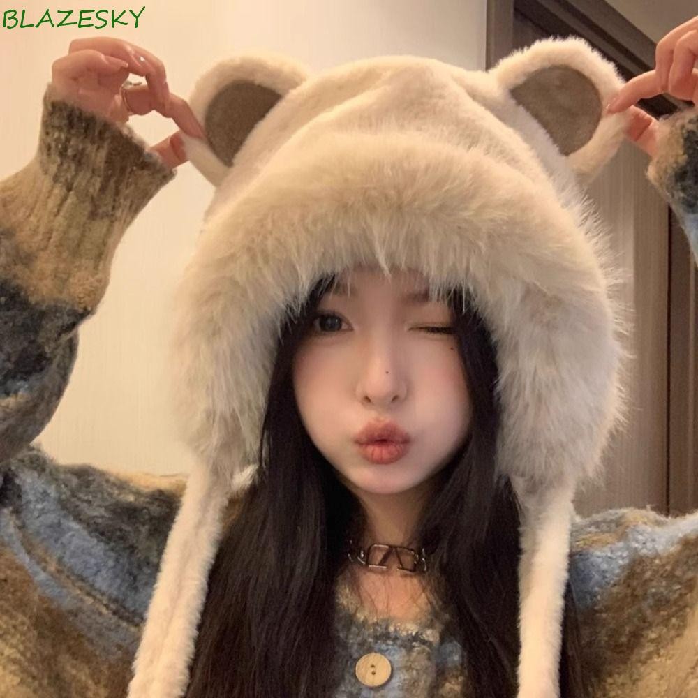 บลาเซสกี้ หมวกหูหมีน่ารัก,เกาหลีตุ๊กตาขน มารยาท ถังหมวก,อินเทรนด์สบายๆกลางแจ้งอบอุ่นผู้หญิงปุยหมวกสาว