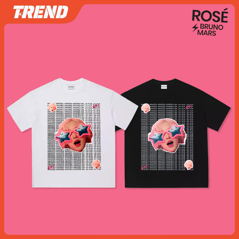 Kpop BLACKPINK ROSE X BRONO MARS APT. เสื้อยืดผ้าฝ้ายวินเทจขนาดบวกแฟชั่นเกาหลีหลวมผู้ชายและผู้หญิงพิมพ์แขนสั้นด้านบนเสื้อลําลองฤดูร้อนที