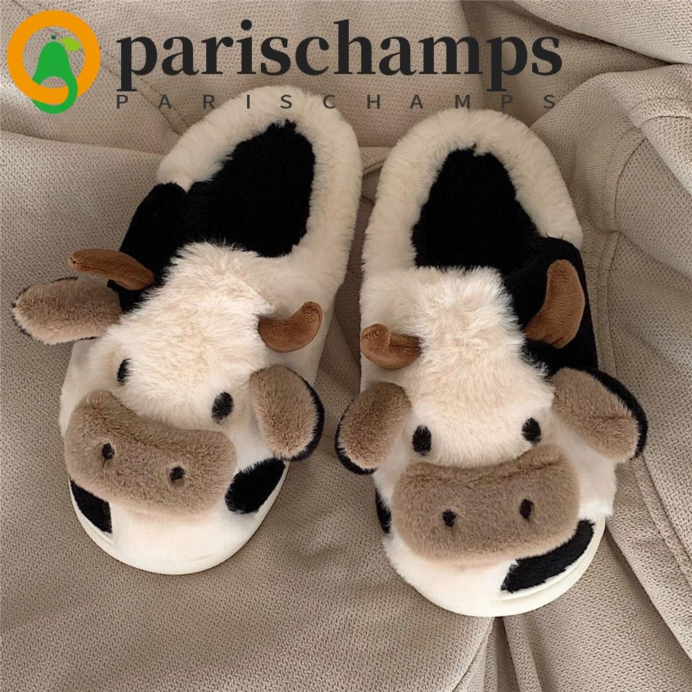 Parischamps รองเท้าแตะตุ๊กตาวัว 1 คู่, กันลื่นห่อนิ้วเท้ารองเท้าแตะปุยฤดูหนาว, รองเท้าแตะตุ๊กตานุ่มตุ๊กตาอบอุ่นวัวน่ารักคู่